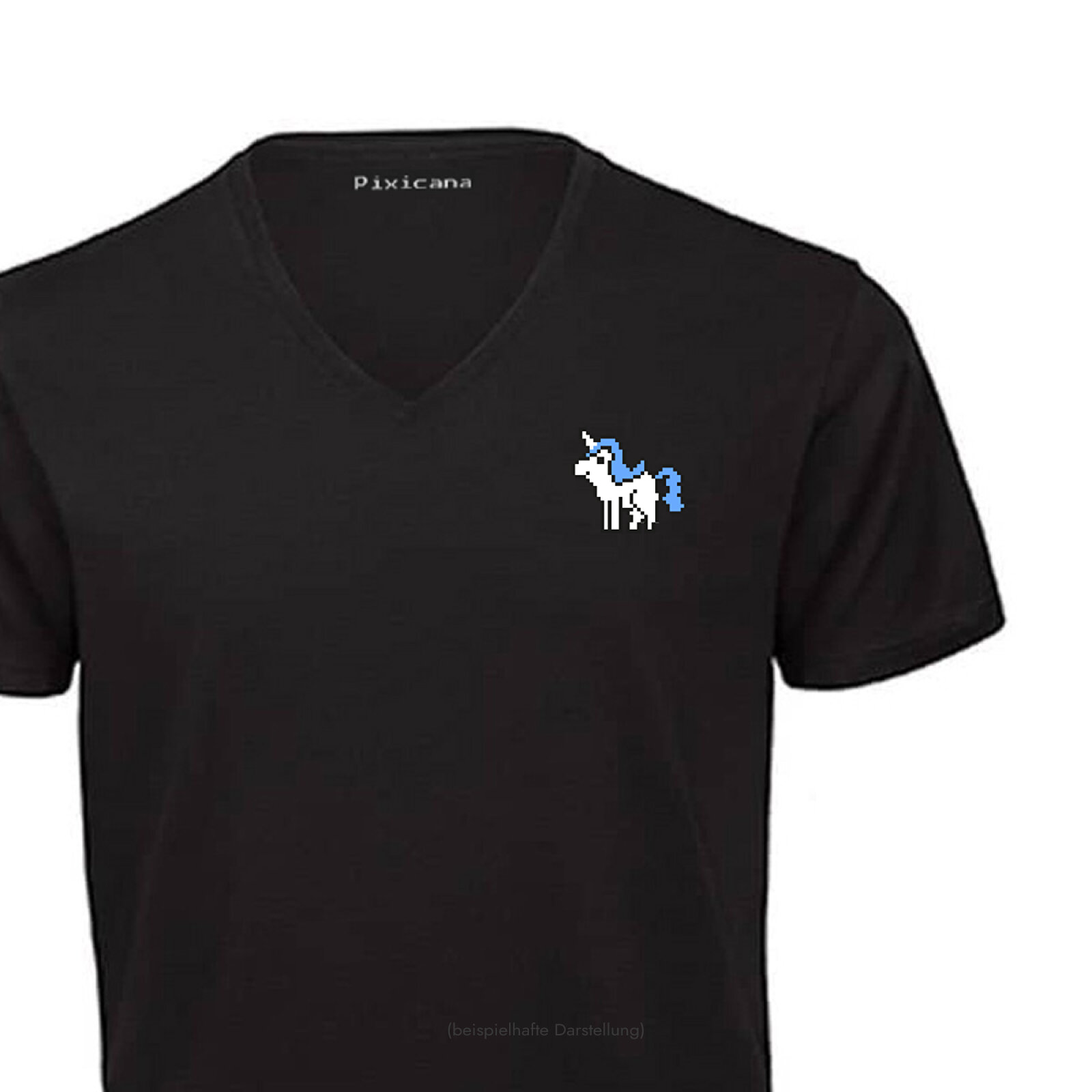 Motive: [Motiv: Einhorn (blaues Fell)] Männer | T-Shirt, V-Ausschnitt, schwarz, XS